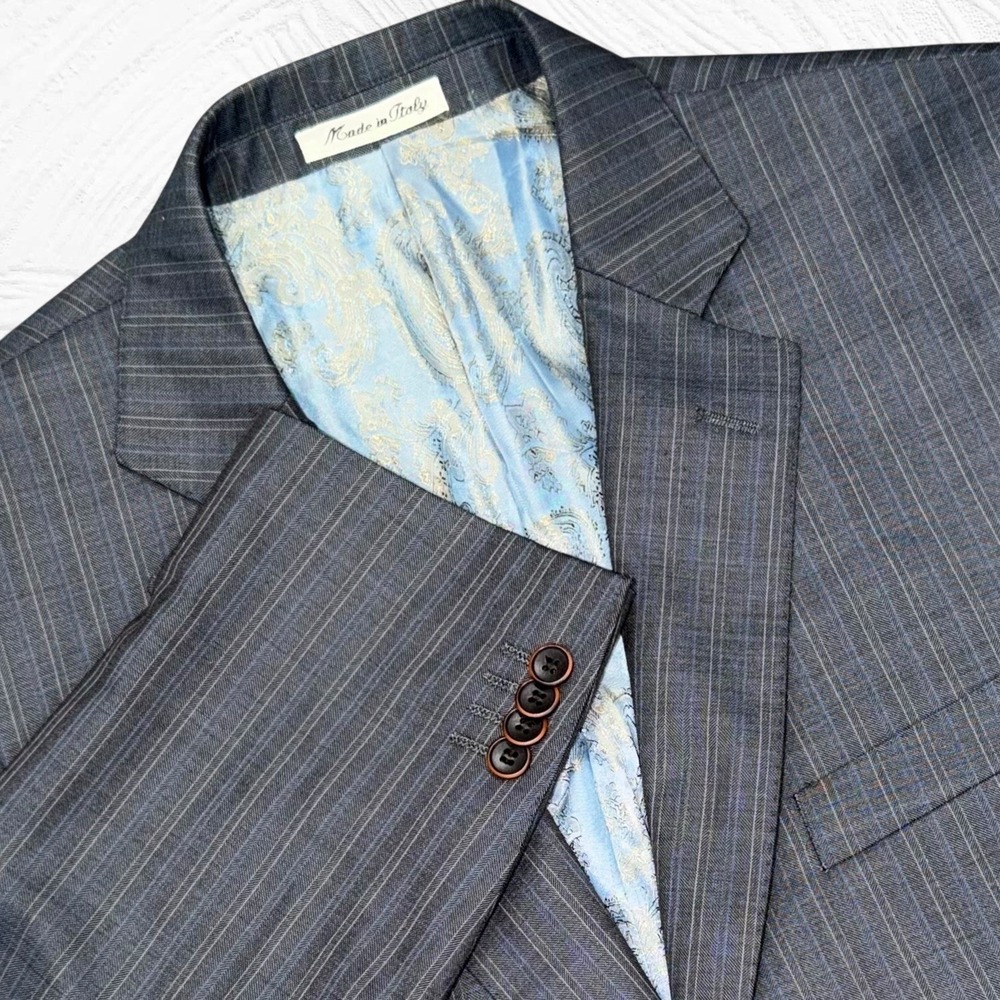 Sartoria Tosi 42R Hand Made Italy Super 150s/Silk Blazer Gray Blue Pinstripe